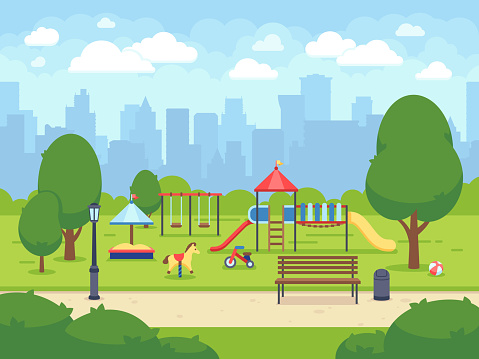 Urban summer public garden with kids playground. Cartoon vector city park with cityscape. Green park cartoon, landscape summer park illustration
