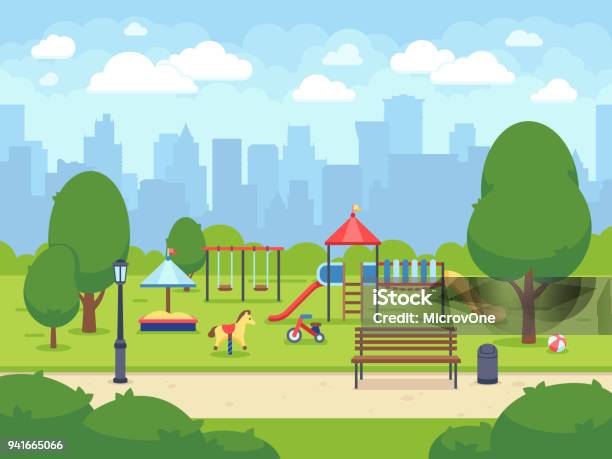 Urban Summer Public Garden With Kids Playground Cartoon Vector City Park With Cityscape Stock Illustration - Download Image Now