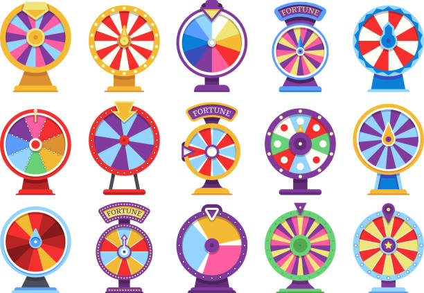 illustrazioni stock, clip art, cartoni animati e icone di tendenza di roulette fortune spinning ruote piatte giochi di denaro casinò - elementi vettoriali falliti o fortunati - ruota