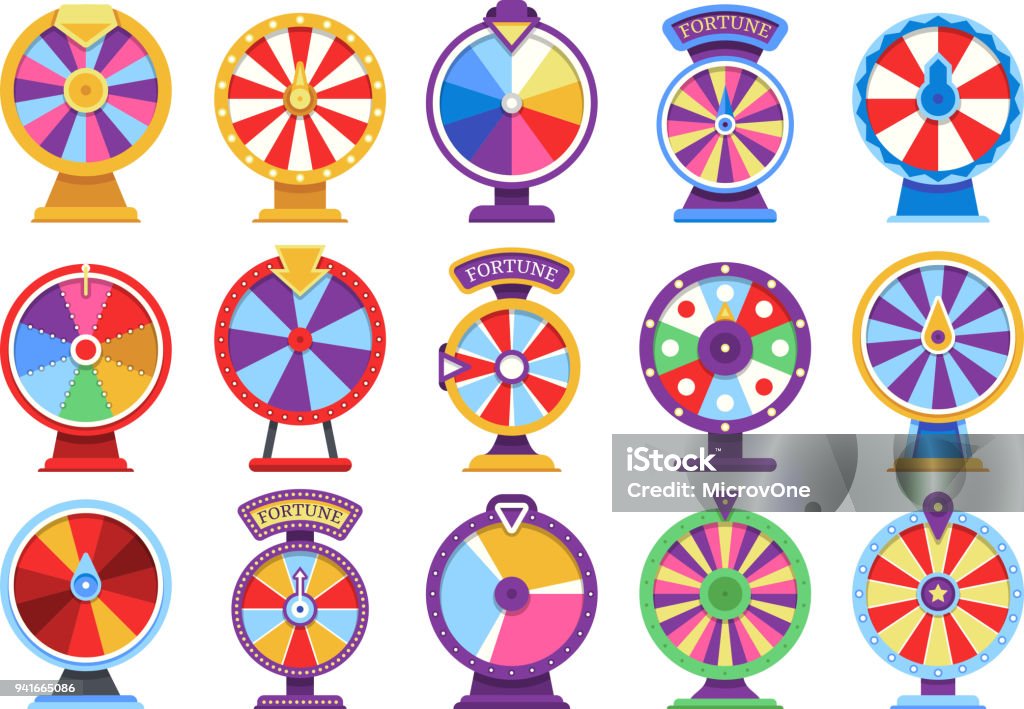 Roulette fortune spinning wheels flat icons casino money games - bankrupt or lucky vector elements Roulette fortune spinning wheels flat icons casino money games - bankrupt or lucky vector elements. Set of fortune, wheel for casino, success game roulette illustration Wheel stock vector