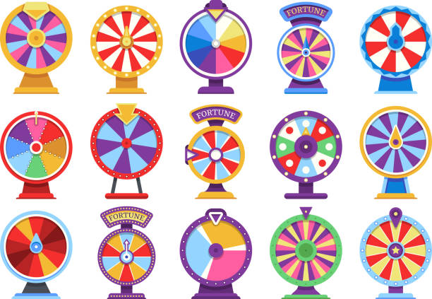 Roulette fortune spinning wheels flat icons casino money games - bankrupt or lucky vector elements Roulette fortune spinning wheels flat icons casino money games - bankrupt or lucky vector elements. Set of fortune, wheel for casino, success game roulette illustration lucky stock illustrations