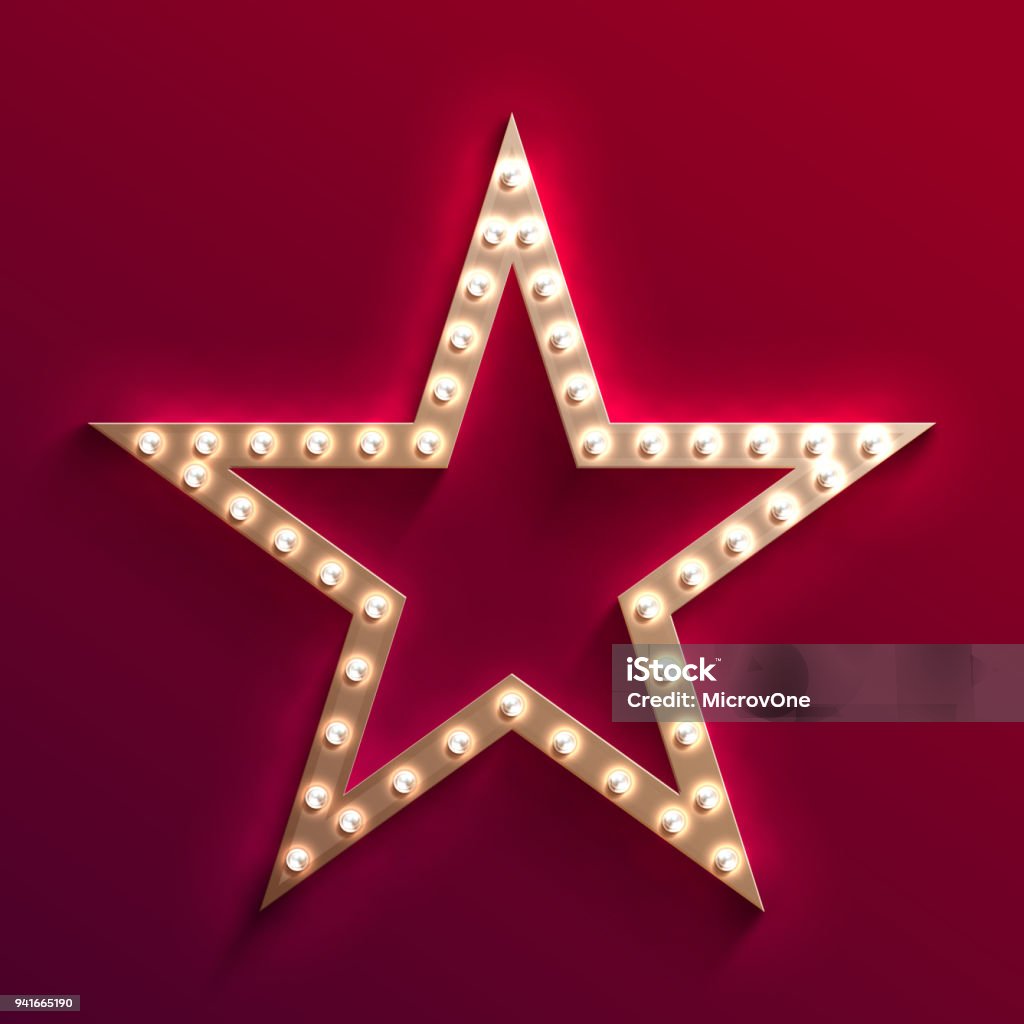 Estrellas de Hollywood película con carpa de bombilla. Marco de película oro retro. Casino luz vector de señal - arte vectorial de Forma de Estrella libre de derechos