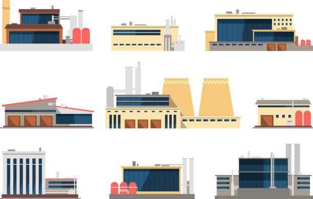 industrie-fabrik, kraftwerk und lagerhallen. industriebau-vektor-flach-icons - fabrik stock-grafiken, -clipart, -cartoons und -symbole