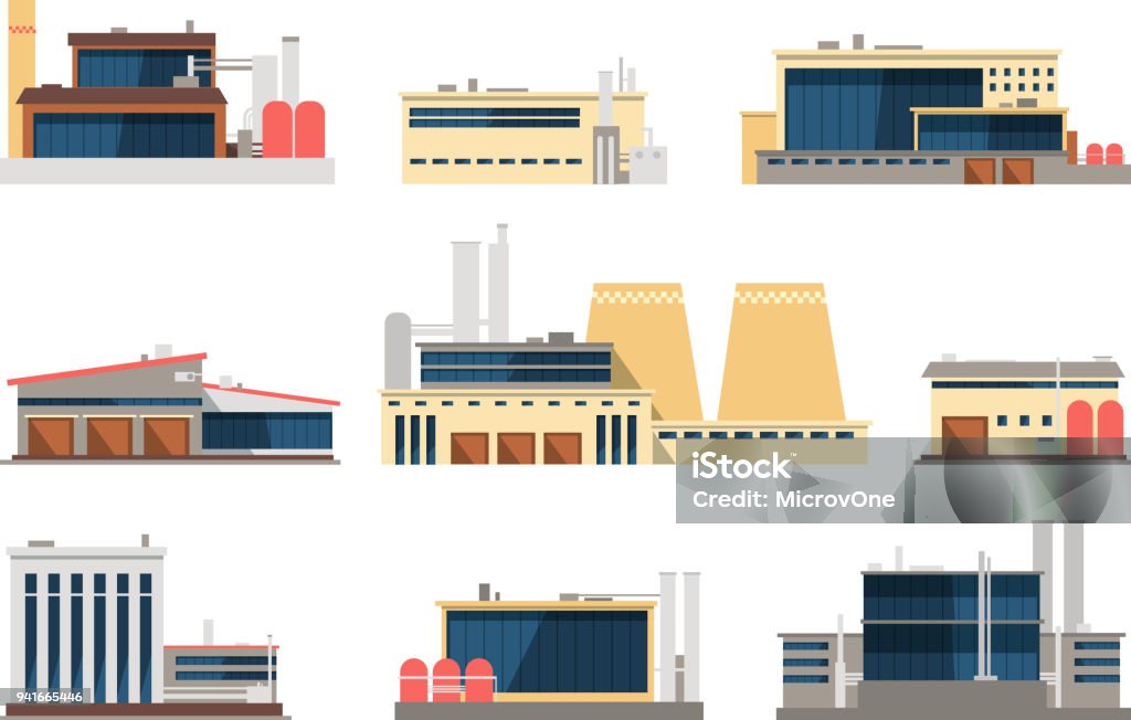 Industrial factory, power plant and warehouse buildings. Industrial construction vector flat icons Industrial factory, power plant and warehouse buildings. Industrial construction vector flat icons. Factory and plant, warehouse and refinery building illustration Factory stock vector