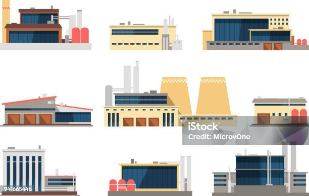 Industrial Factory Power Plant And Warehouse Buildings Industrial Construction Vector Flat Icons Stock Illustration - Download Image Now