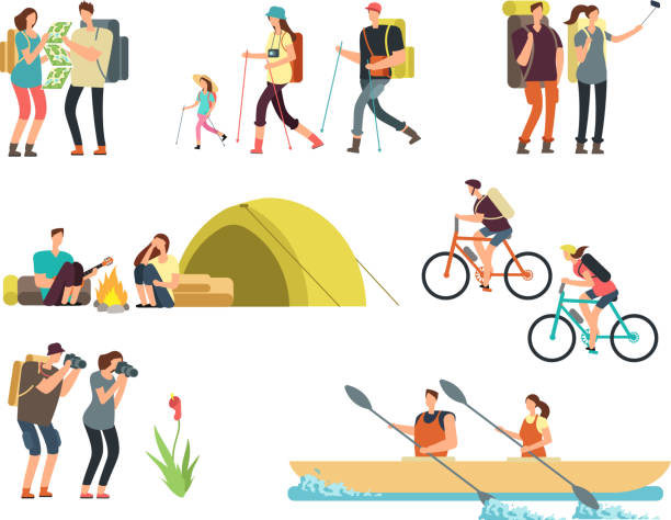 Active people hikers. Cartoon travelling family outdoor. Hiking and trekking tourists vector characters isolated Active people hikers. Cartoon travelling family outdoor. Hiking and trekking tourists vector characters isolated. Illustration of family travel, trekking and adventure backpack illustrations stock illustrations
