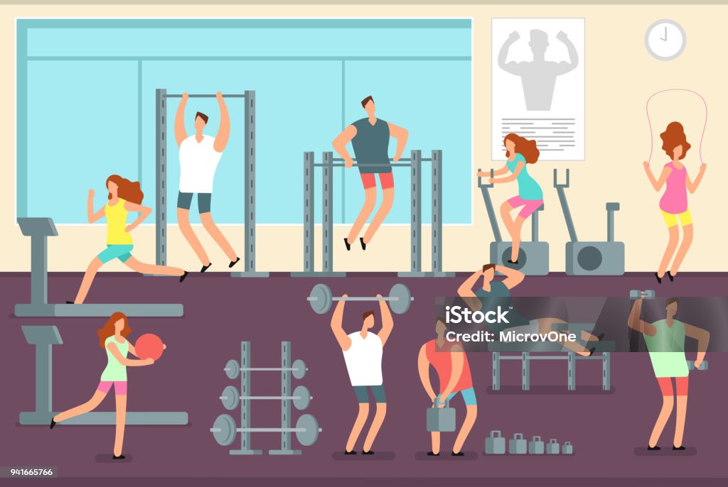 Woman and man doing various sports exercises in gym. Fitness indoor workout vector concept Woman and man doing various sports exercises in gym. Fitness indoor workout vector concept. Gym and fitness sport training, woman man workout or exercise illustration Gym stock vector