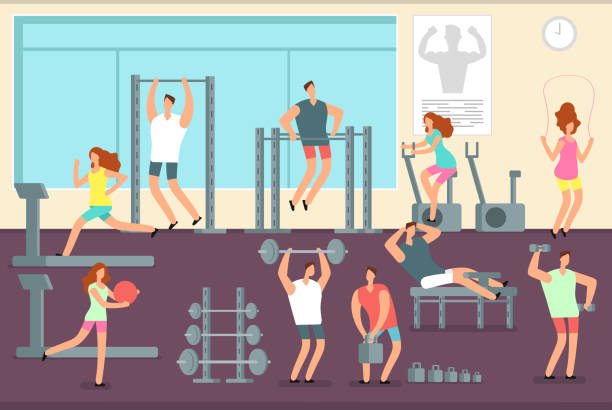 Woman and man doing various sports exercises in gym. Fitness indoor workout vector concept Woman and man doing various sports exercises in gym. Fitness indoor workout vector concept. Gym and fitness sport training, woman man workout or exercise illustration cartoon of the physical fitness stock illustrations