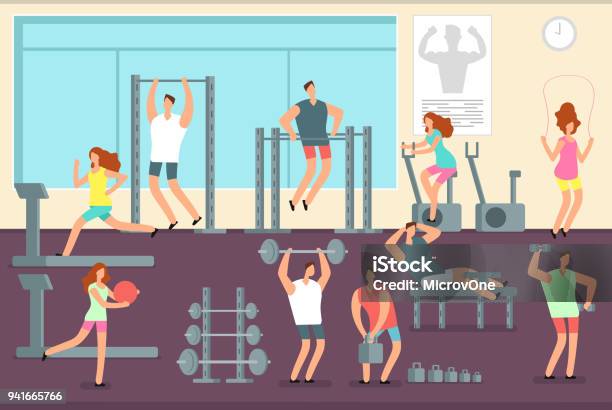 Woman And Man Doing Various Sports Exercises In Gym Fitness Indoor Workout Vector Concept Stock Illustration - Download Image Now