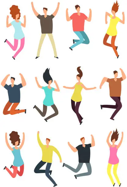 Vector illustration of Happy jumping people. Excited man and woman in jump. Flying persons vector characters isolated