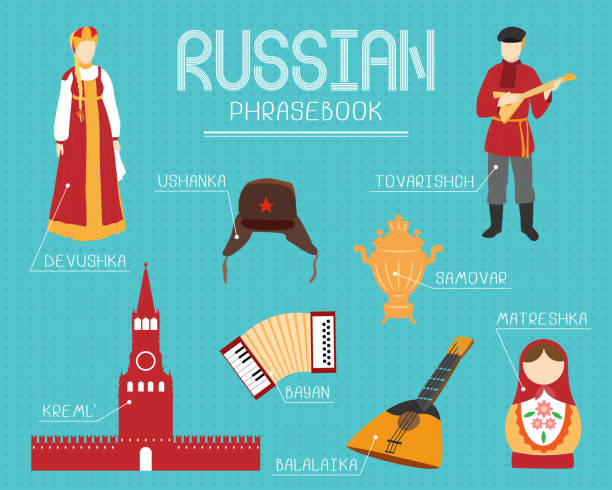 ilustraciones, imágenes clip art, dibujos animados e iconos de stock de joky phrasebook ruso con palabras de estereotipo - joky