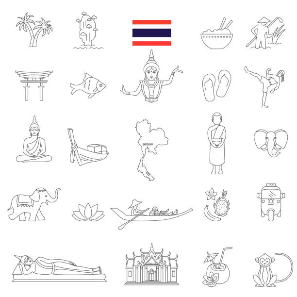 таиланд линии значок набор. вектор - bangkok thailand asia water taxi stock illustrations