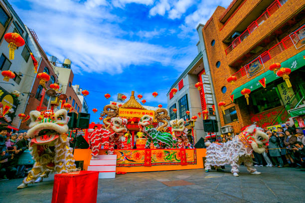 Kobe Chinatown Nankinmachi Hyogo,Japan - February 16, 2018: Kobe Chinatown.Nankinmachi is a compact Chinatown in central Kobe and a center of the Chinese community in the Kansai Region. motomachi kobe stock pictures, royalty-free photos & images