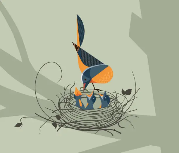 Vector illustration of The bird feeds the chicks in the nest