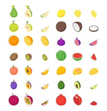 Fruits and Berries 3d Icons Set Isometric View Whole and Slices Raw Ripe Fruit. Vector illustration of Icon
