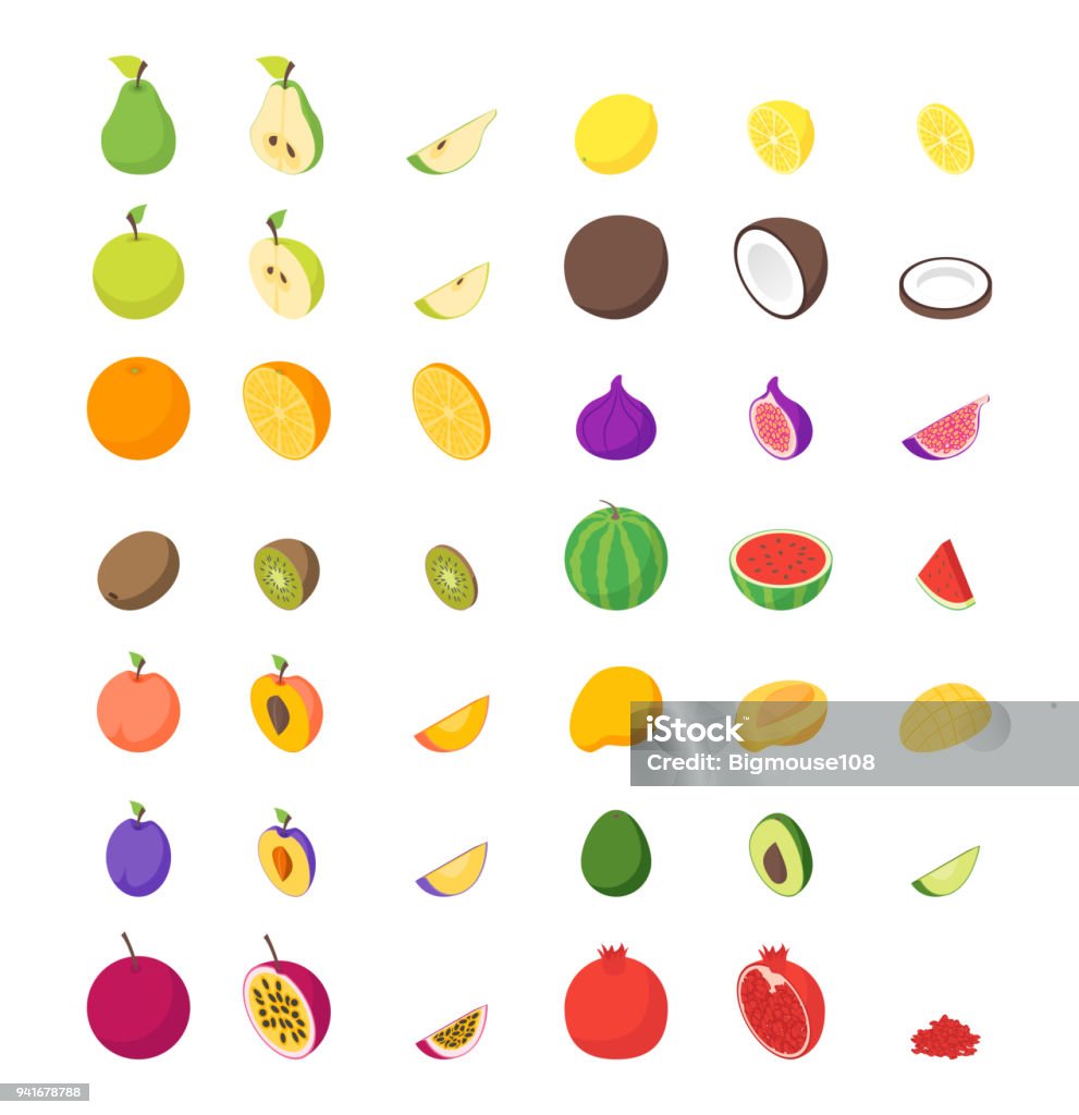 Fruits and Berries 3d Icons Set Isometric View. Vector Fruits and Berries 3d Icons Set Isometric View Whole and Slices Raw Ripe Fruit. Vector illustration of Icon Fruit stock vector