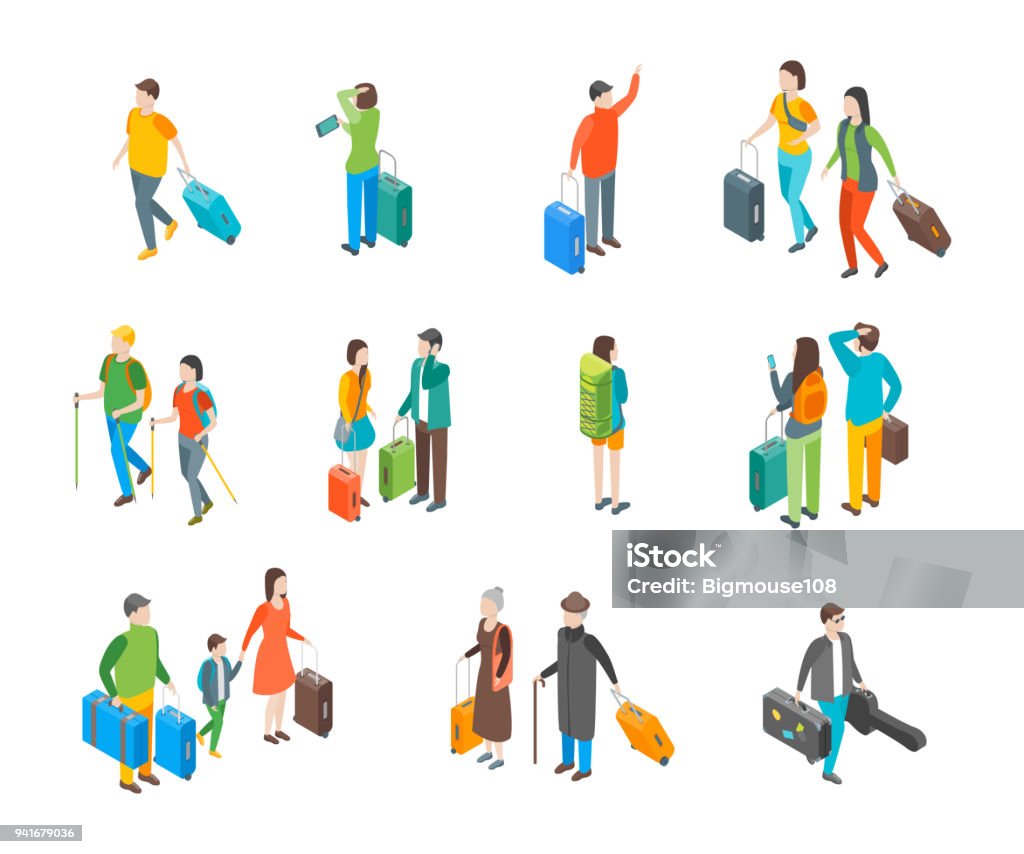 Isometric Travel People Characters Icon Set. Vector Isometric Travel People Characters Icon Set Isolated on a White Background . Vector illustration of Tourist with Luggage or Suitcase Isometric Projection stock vector