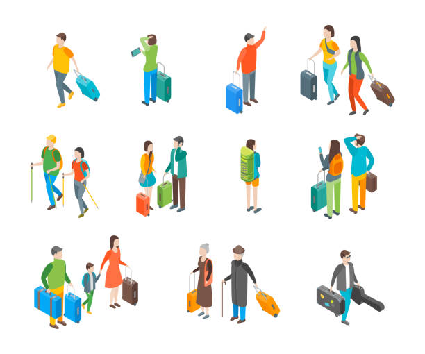 Isometric Travel People Characters Icon Set. Vector Isometric Travel People Characters Icon Set Isolated on a White Background . Vector illustration of Tourist with Luggage or Suitcase family trips stock illustrations