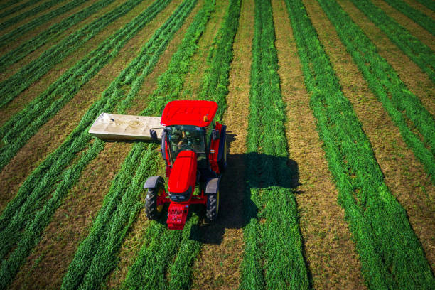 istock Tractor mowing green field, aerial drone view 941681394