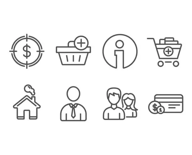 Vector illustration of Dollar target, Add products and Human icons. Add purchase, Couple and Payment method signs.