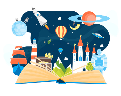 Cartoon Imagination Concept Open Book Element Flat Design Style Include of Rocket, Sky, Balloon and Star. Vector illustration