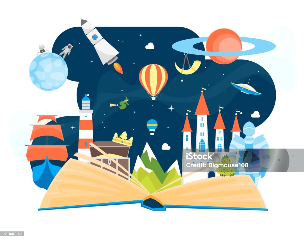 Cartoon Imagination Concept. Vector Cartoon Imagination Concept Open Book Element Flat Design Style Include of Rocket, Sky, Balloon and Star. Vector illustration Book stock vector