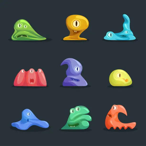 Vector illustration of Different Types Cute Jelly Monsters Characters Set. Vector