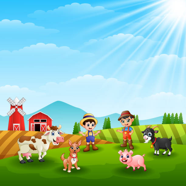 Farmers activities happy with the animals on hills Vector illustration of Farmers activities happy with the animals on hills cartoon of a sunflower fields stock illustrations