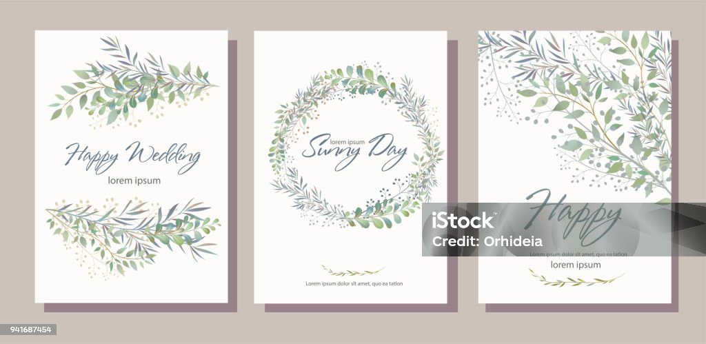 Conjunto de tarjeta con hermosas ramitas con hojas. Novia adornos c - arte vectorial de Invitación de boda libre de derechos