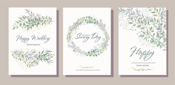 Set of card with beautiful twigs with leaves. Wedding ornament c Set of card with beautiful twigs with leaves. Wedding ornament concept. Imitation of watercolor, isolated on white. 
Sketched wreath, floral and herbs garland wedding invitation stock illustrations
