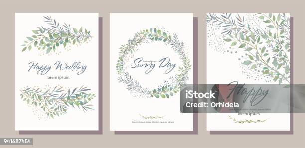 Set Of Card With Beautiful Twigs With Leaves Wedding Ornament C Stock Illustration - Download Image Now