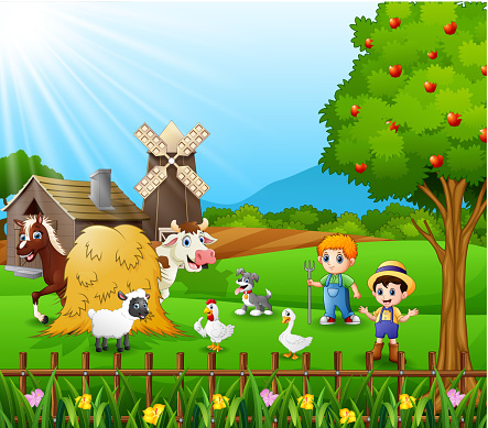 Vector illustration of The farmers working in the farm keeping the animals