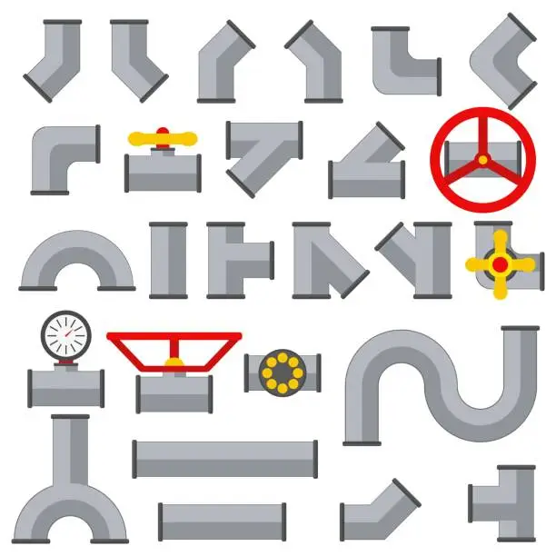 Vector illustration of Details pipes collection water tube set junction connector. Different types industry gas valve construction and oil industrial pressure technology plumbing. Pressure sensor, keys and water line pipe