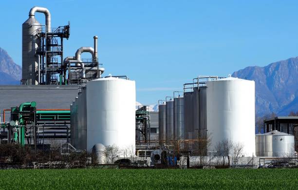 biochemischen industrie anlage mit reihen von silos im vordergrund - biodiesel stock-fotos und bilder