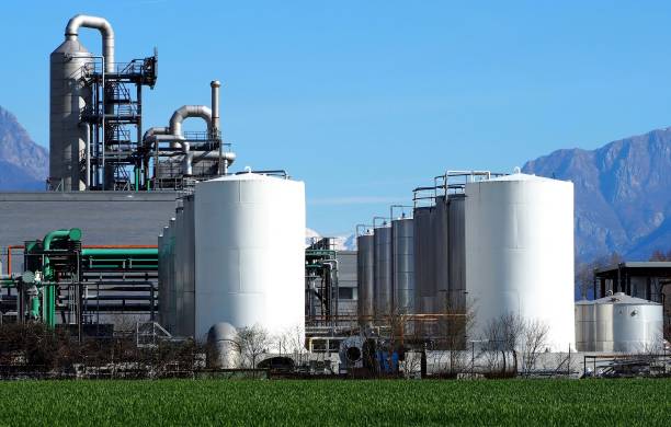 biochemical industry plant with rows of silos in front - biodiesel imagens e fotografias de stock