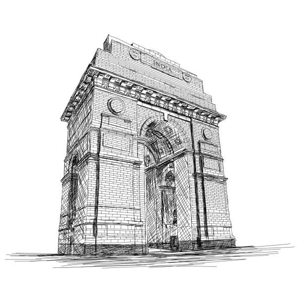 india gate vector sketch ilustracja war memorial, new delhi, indie - india gate delhi new delhi stock illustrations