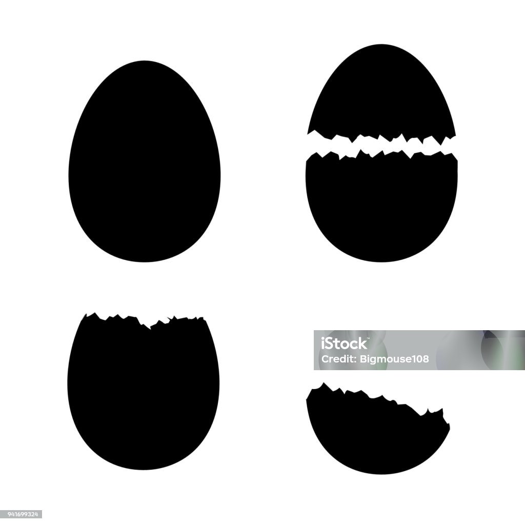 Silhouette Black Shell Eggs Set. Vector Silhouette Black Shell Eggs Set Whole and Cracked View. Vector illustration of Egg or Eggshell Egg - Food stock vector