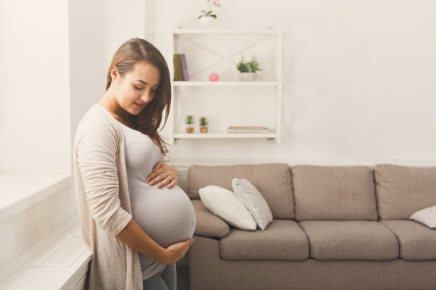 istock Pegnant woman caressing her belly at home 941705322