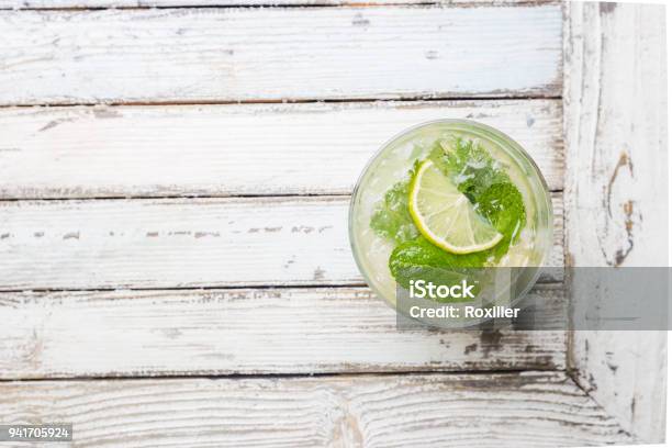 Mojito Shot From Birds Eye View Stock Photo - Download Image Now - Glass - Material, Table, Table Top View