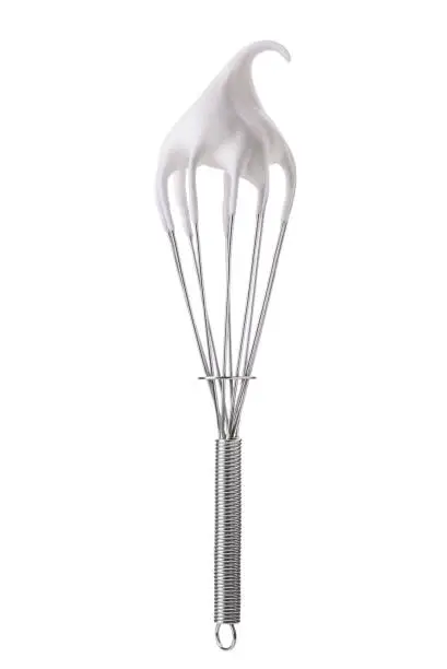Photo of Whisk with meringue cream isolated on white