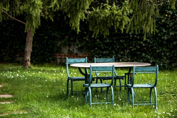 istock Old iron furniture in garden at springtime 941712088