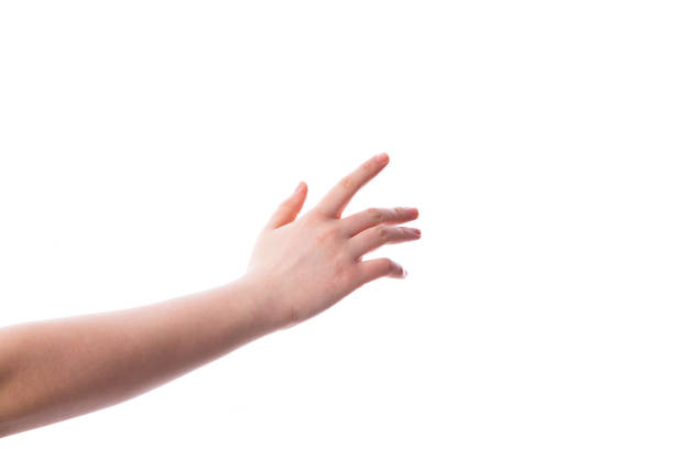 여자는 흰색 배경에 손 - touching human finger pointing human hand 뉴스 사진 이미지