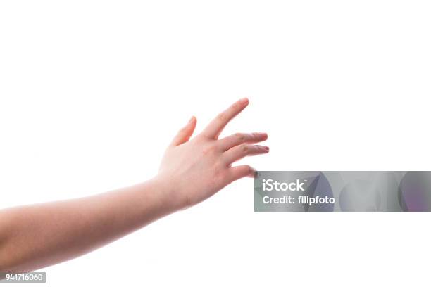 Woman Hands On White Backgrounds Stock Photo - Download Image Now - Reaching, Women, Rear View