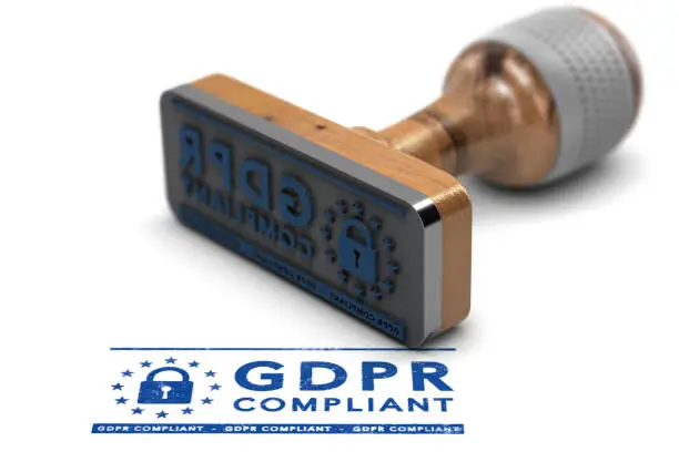 EU General Data Protection Regulation Compliance. Rubber stamp with the text GDPR Compliant over white background. 3D illustration