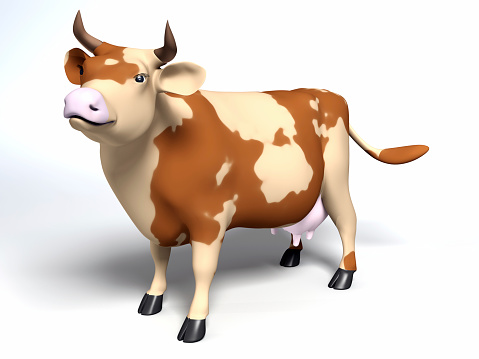 Cartoon character cow holding megaphone, isolated 3d rendering