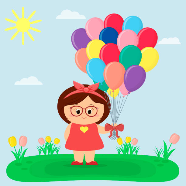 illustrations, cliparts, dessins animés et icônes de une fille dans une robe rouge et verres tient des ballons, une clairière avec des tulipes, le soleil et le ciel - sun sky child balloon