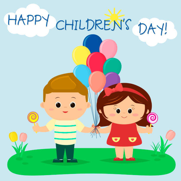 illustrations, cliparts, dessins animés et icônes de un garçon et une fille sont tenant des ballons et des sucettes dans une clairière, contre le ciel et le soleil - sun sky child balloon