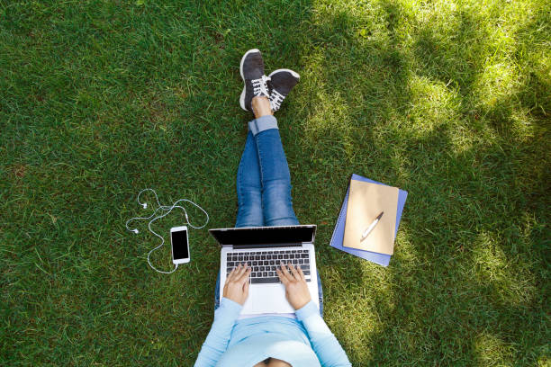 vista superior da aluna sentado num parque com laptop - laptop computer grass nature - fotografias e filmes do acervo
