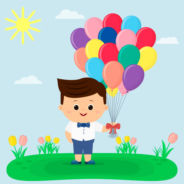 ein junge in einer blauen fliege hält luftballons, eine lichtung mit tulpen, sonne und himmel - sun sky child balloon stock-grafiken, -clipart, -cartoons und -symbole