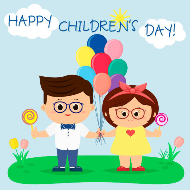 illustrations, cliparts, dessins animés et icônes de un garçon et une fille dans des verres tiennent ballons et des bonbons dans une clairière, contre le ciel et le soleil - sun sky child balloon